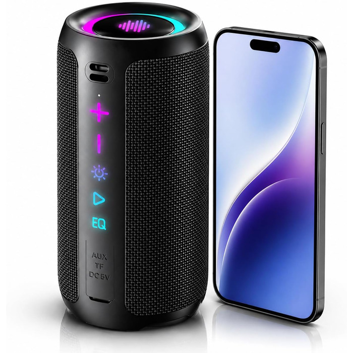 Портативна Bluetooth колонка TIMU з підсвіткою, 25 Вт, IPX7, 20 год, AUX, TF-карта, чорна