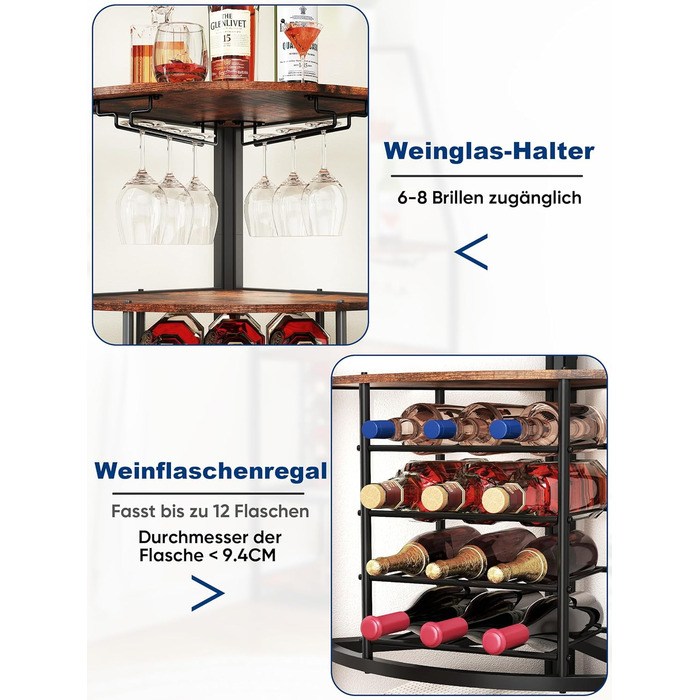 Стеллаж для вина Nisorpa на 12 пляшок, 5-ярусний кутовий, з тримачем для келихів, вінтажний коричнево-чорний