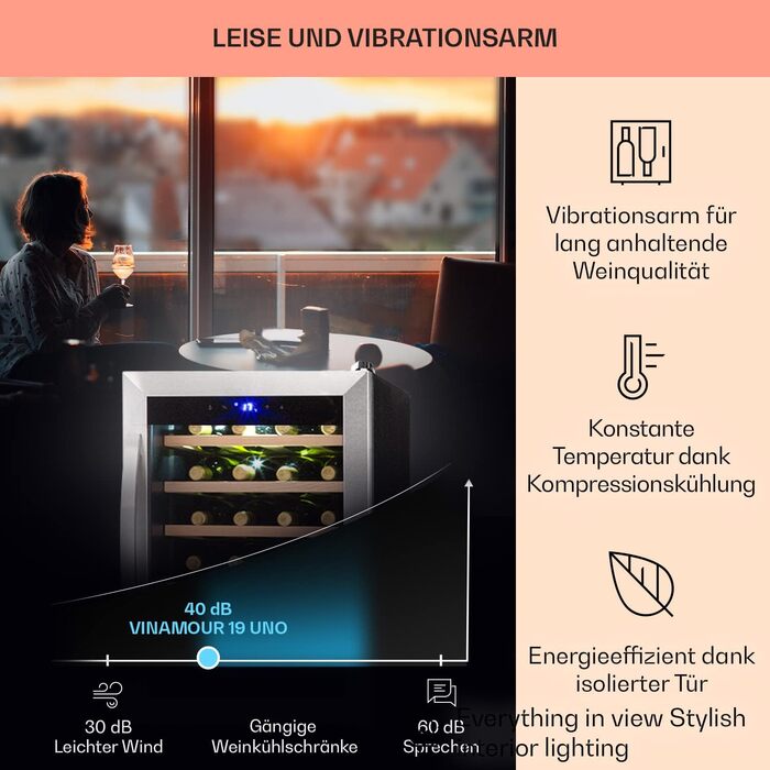 Klarstein Wine & Beverage Refrigerator - 1 Zone, 19 Bottles, UV Protection, 4-18°C, Freestanding, Silver & Black
