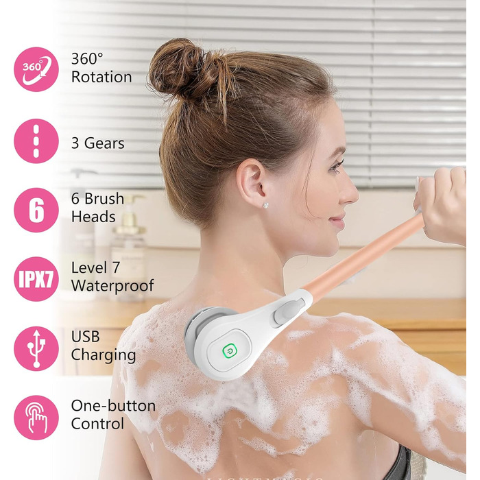 6-in-1 Electric Back Brush, Shower Brush with 6 Multifunctional Cleaning Heads, Body Brush 360° Rotation, IPX7 Waterproof 3 Speed Spin Cleaning Brush for Men Women (Pink)