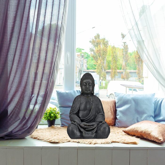Relaxdays XL Buddha Figure Sitting, 50 cm tall, Feng Shui, Outdoor, Garden Decoration Figure, large Zen Buddha Statue, light grey
