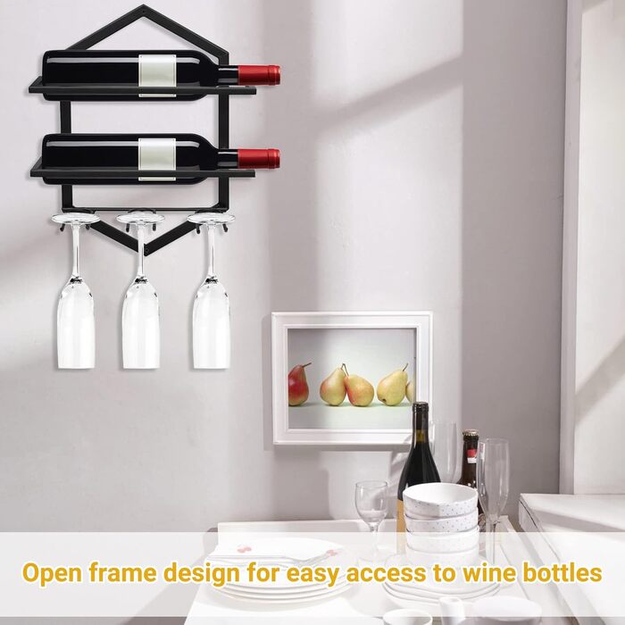 Giyiprpi Metal Wall-Mounted Wine Rack, Hanging Wine Glass Holder Organizer for 2 Bottles and 3 Glasses Included, Wine Shelf Red Wine Rack for Home Kitchen Bar Display Decor (Black 2)