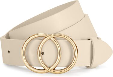 Жіночий шкіряний ремінь JasGood з подвійною кільцевою пряжкою для джинсів, штанів та суконь (бежевий, L:130см, обхват талії 96-105см)