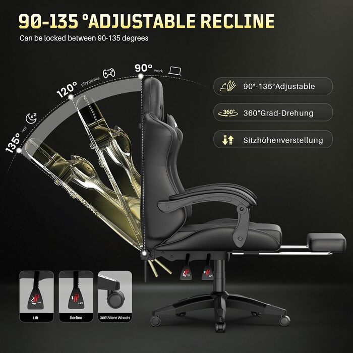 Ігрове крісло Bigzzia Ergonomic Gaming Stuhl з підніжкою та функцією масажу, чорне