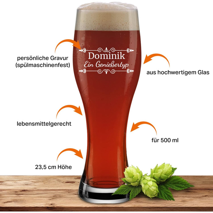 Склянка для пива з іменем або побажанням, 0,5л, з гравіюванням, індивідуальний подарунок, персоналізована склянка для пшеничного пива (оздоблення 01)