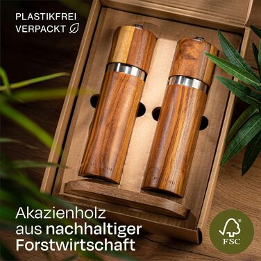Набір млинів для солі та перцю з акації з підставкою FSC® - довговічне керамічне жорно