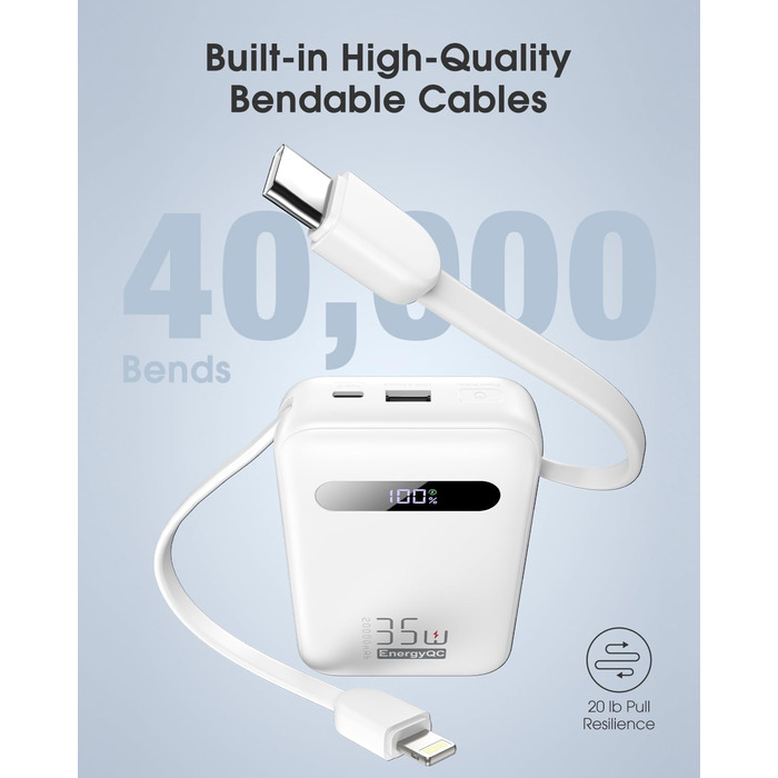 Powerbank 20000mAh з PD 35W, USB-C кабель, LED дисплеєм для iPhone, iPad, Samsung Galaxy та Huawei