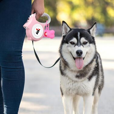 Висувна поводок для собак з LED-підсвіткою, 5 м, з мішками для собачого посліду, для собак маленьких та середніх порід до 25 кг, система гальма та блокування, ергономічна ручка, світло-рожевий колір