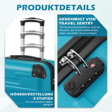 Валіза COOLIFE з ABS пластику, розширювана, з TSA замком та 4 колесами, туркіс-зелена, для ручної поклажі