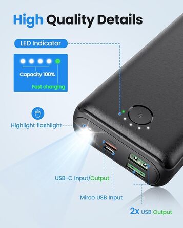 Power Bank JIGA 27000mAh 22.5W з PD 20W, USB-C, ліхтарик, чорний, сумісний з iPhone, Samsung, Huawei, iPad