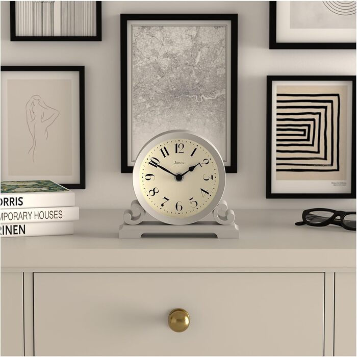 JONES CLOCKS® Saloon Table Clock | Traditional Double Scroll Design | Green | Contemporary Classic Style for Desk, Table, Shelf or Nightstand (Gray)