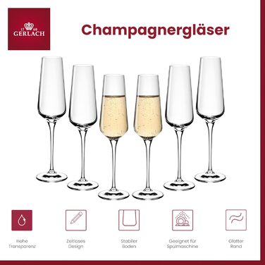 Набір келихів для шампанського та шампанського Gerlach 1760 (6 шт, 200 мл) - скляні келихи для вина, сумісності з посудомийною машиною, сучасний дизайн