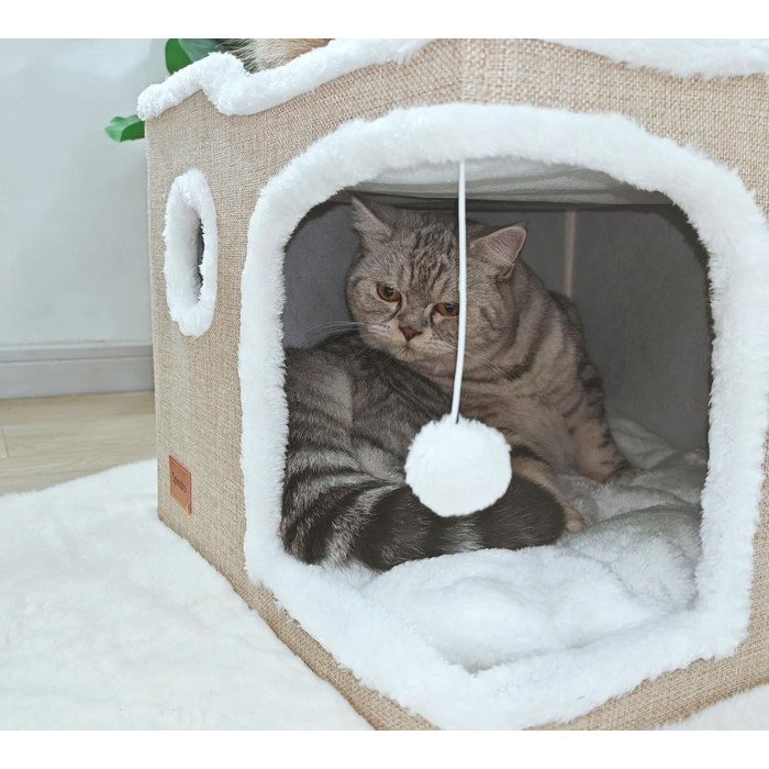 Spindro Cat Cave Cat Bed Large, Cat House Indoor Cat Sleeping Place with Removable Sherpa Cat Cushion and Hanging Toy, Cat Bed, Light Grey 42x42x33cm (2 level (42cmx42cmx33cm), Khaki)
