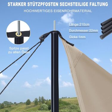 Водонепроникна тентова накидка Tarp 3.7 x 4.3 м з опорами, кільцями, шнуром, для кемпінгу, відпочинку на природі, захисту від сонця та дощу (Хакі)