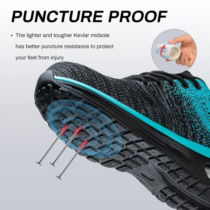 Чоловічі та жіночі робочі черевики-кросівки з металевим підноском, антиковзаюча підошва, дихаючі, розміри 35-46 (36 EU, Cyan)