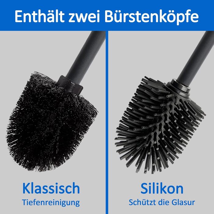 Щітка для туалету Leadfun з бамбуковою ручкою, металевим тримачем, 2 насадки, посилена основа (чорний)