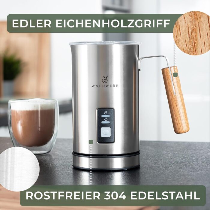 WALDWERK Milk Frother made of 304 Stainless Steel and Oak Wood - Electric Milk Frother for Perfect Foam or Hot Chocolate - Milk Frother - Electric Milk Frother