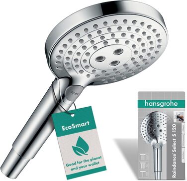 hansgrohe Raindance Select S - water-saving showerhead 9 l/min (EcoSmart), hand shower with 3 spray patterns, round shower head (⌀ 120 mm), water-saving showerhead with anti-limescale function, Chrome