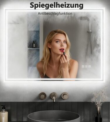 Дзеркало для ванної кімнати з підсвічуванням 60x50x3,5 см, LED, 6400K, холодний білий, енергозбереження, вертикальне/горизонтальне, з вимикачем, антизапар, 3 колірні температури