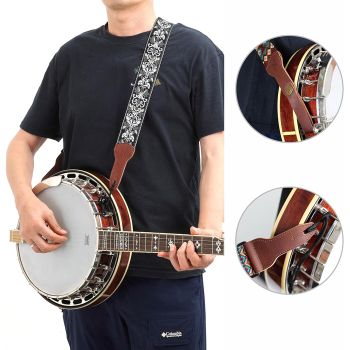 Гітарний ремінь Nefelibata Banjo-Gurt, 5,1 см, повна шкіра телятини, біла вишивка квітів