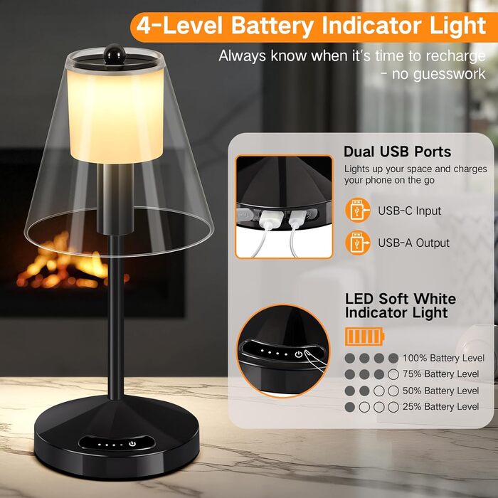 OUTON Бездротова LED-лампа настільна з торканням, регулювання яскравості, 3 режими кольору (3000K–6000K), акумулятор 4000mAh, USB-C, до 120 годин роботи, пам'ять, для спальні, бару та декору, чорна