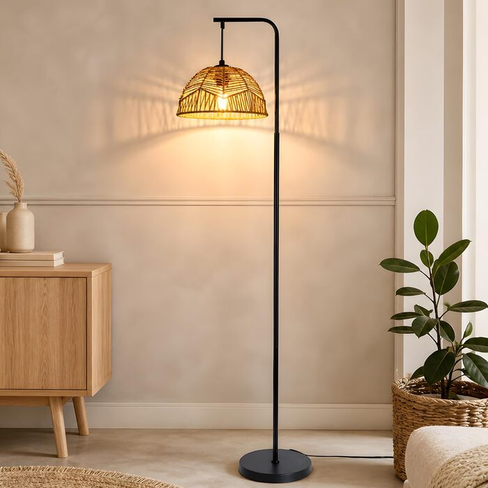 Торшер Rattan Boho - Стильний торшер для вітальні, спальні, тераси, офісу E27 164 см, чорний, з ніжкою-вимикачем
