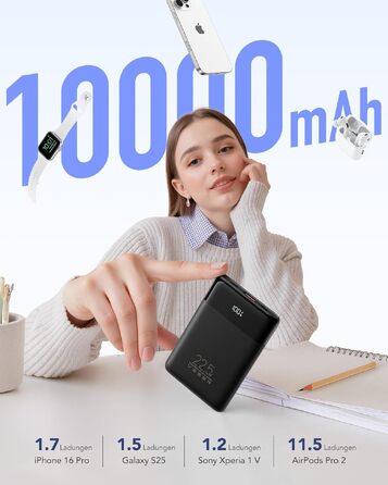 Повербанк VEGER 10000mAh 22.5W з вбудованим кабелем USB-C, швидка зарядка, чорний