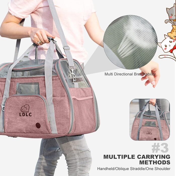 Транспортна переноска для собак та котів PETCUTE, переноска для тварин з м'яким матрацом, тканина Oxford, з регульованим ременем, відповідає стандартам авіакомпаній (Рожева, 51 x 23 x 35 см)