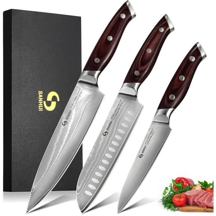 Набір кухонних ножів Sanhui Damast: 3 ножі з дамаської сталі з ручками з паккавуда. Професійний набір ножів у подарунковій коробці - ідеальний для професійних та аматорських кухарів.