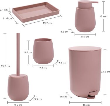 Набір аксесуарів для ванної кімнати: сміттєвий бак 3л, тримач для зубних щіток, дозатор мила, органайзер для косметики, щітка для унітазу та тримач, зелений (рожевий), 5 шт.