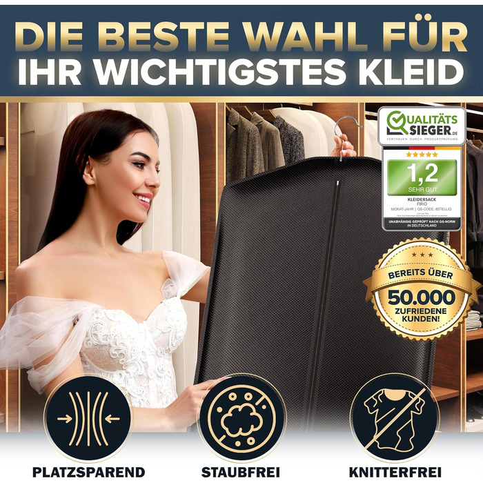 Чохол для одягу FiRiO® Premium, 180 см, чорний - для весільних та довгих суконь, пальто, зберігання та подорожей