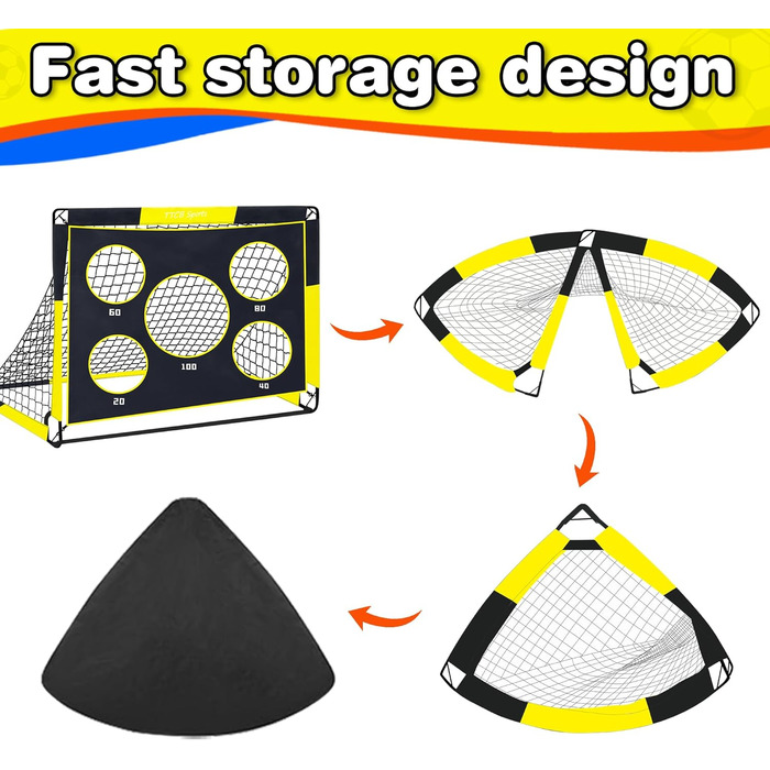 TTCB Sports 2-in-1 Kids Soccer Goal - Outdoor Football Goal with 5 Target Zones, Pop Up Soccer Goal Net & Carry Bag, Ideal for Football Training Equipment or Gifts for Boys (Yellow, 90x90x120cm)