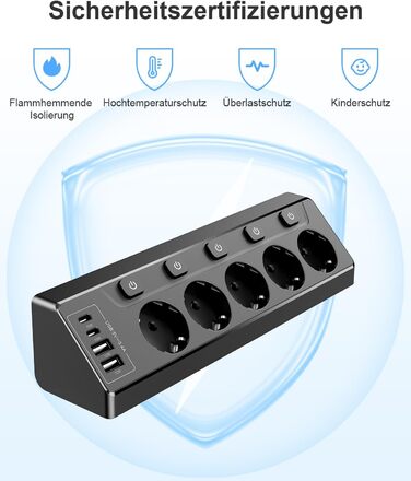 Розподільник розеток з незалежним вимикачем, мережевий фільтр з 4 USB (2 USB-C) + 5 розеток з дитячим захистом, 3680W, 2м подовжувач для кухні, офісу, дому (чорний) 5 розеток Чорний - Розподільник розеток
