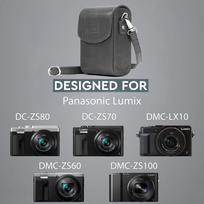 Сумка для фотоапарата MegaGear Panasonic Lumix DC-ZS70/LX10/ZS60/ZS100/LX15/TZ95/TZ90/TZ80/TZ100 сіра шкіряна з ременем