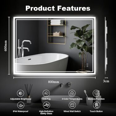 LED дзеркало для ванної кімнати з підсвічуванням 60 x 80 см – антизапар, 3 кольори, регулювання яскравості, подвійний сенсорний вимикач, функція збереження налаштувань при відключенні електроенергії, монтаж горизонтально/вертикально, квадратна форма.