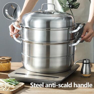 Пароварка SABUIDDS 32 см з 5 ярусами, з нержавіючої сталі, з кришкою з термостійкого скла, для всіх типів плит (індукція), для приготування кускусу та інших страв