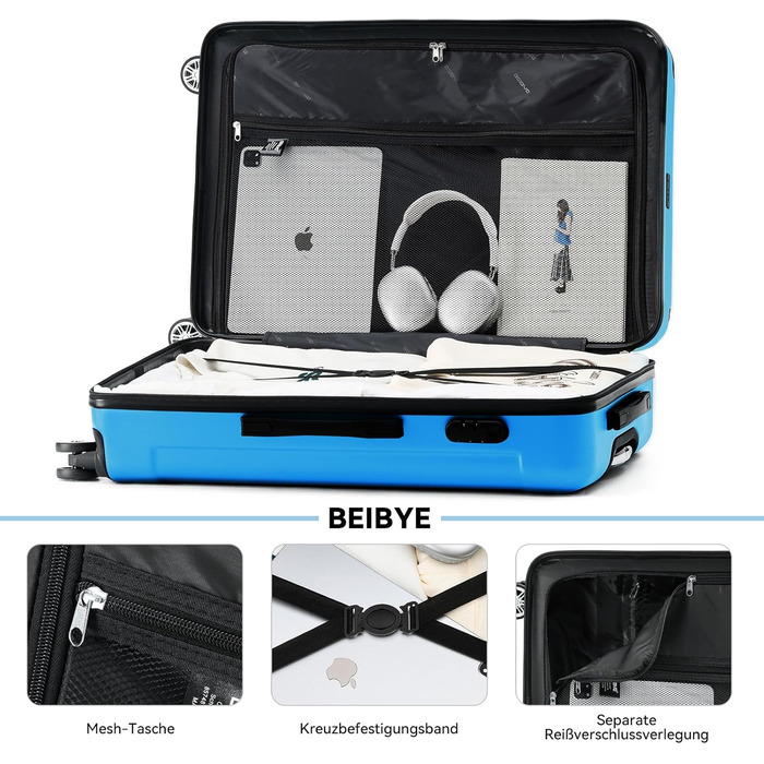 Чохол-валіза Beibye: валіза-роликовий багаж з кодовим замком, 4 колеса (Чорний, Цяново-синій, Набір валіз)