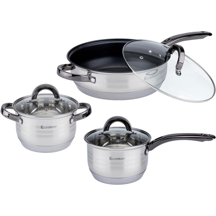 Набір посуду EliteHoff Induktion: 12-ти частинний набір каструль та сковорідок з нержавіючої сталі з кришками та чорними ручками, для всіх типів плит