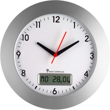 TFA Dostmann Analog Radio Wall Clock, 98.1092, Digital Date and Day of the Week Display, Easy to Read, with Second Hand, Silver