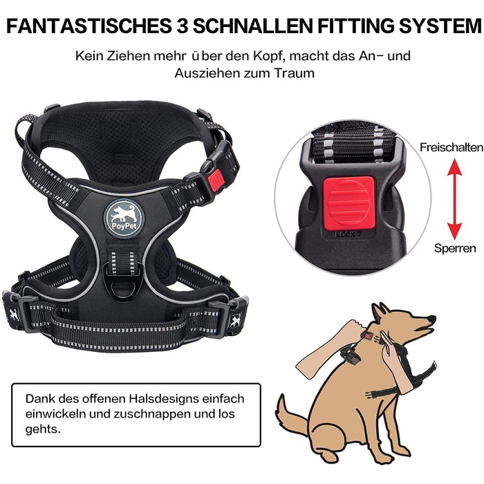 Шлейка для собак PoyPet Front Reflektive з ручкою для контролю та світловідбиваючими елементами, чорна, розмір S