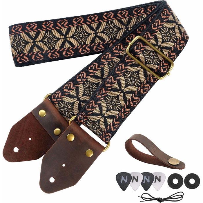 Гітарний ремінь Nefelibata з жаккардової вишивки, бавовна, з шкіряними кінцями Crazy Horse, для бас-гітари, електро- та акустичної гітари, подарунок для дітей та гітаристів (золота вишивка) Y#-золота вишивка