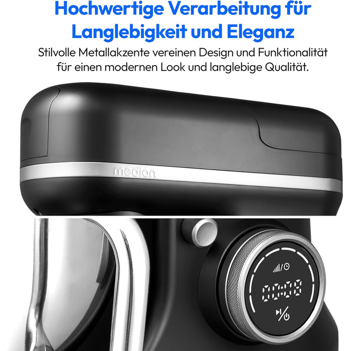 Кухонна машина MEDION MD18430: Міксер, м'ясоподрібнювач, 3 в 1, 5 л чаша з нержавіючої сталі, 1200 Вт, натерти, нарізати, цифровий дисплей, 18430