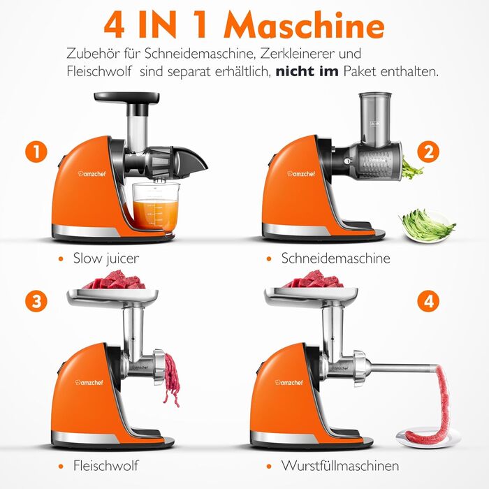 AMZCHEF Juicer for Vegetables and Fruits - Test Winner - Slow Juicer with Reverse-Masticating Function - Gentle Crushing Without Filtering - Electric Juice Press with Brush and 2 Cups - Orange