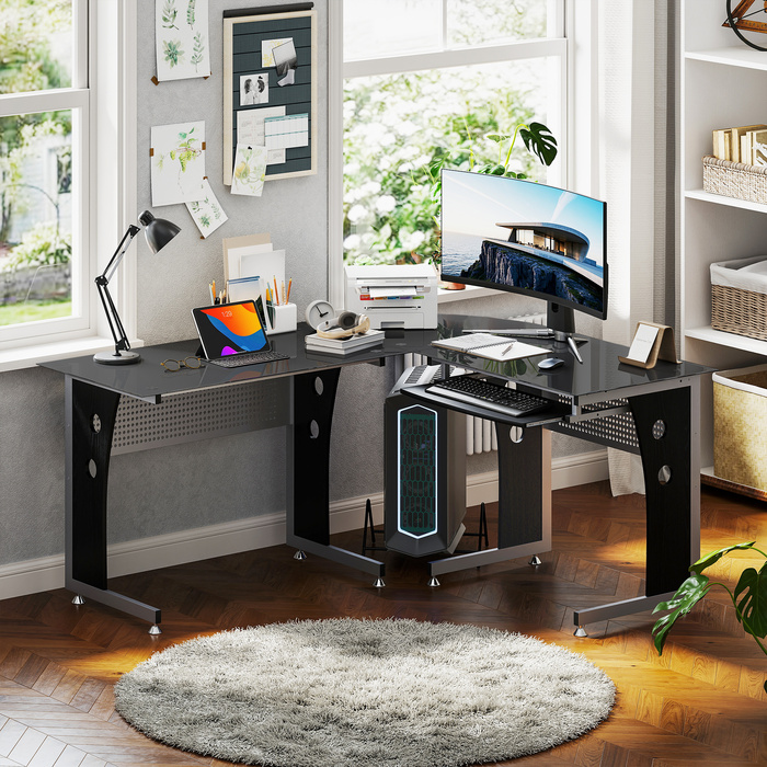 HOMCOM L-Shaped Corner Desk with Black Safety Glass 164x139x75 cm, stylish workspace for home office