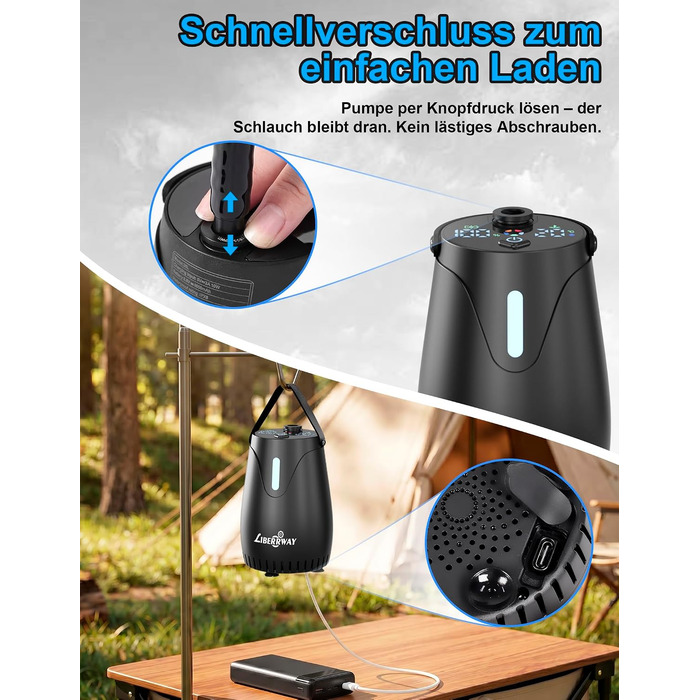 Портативний акумуляторний душ LIBERRWAY Campingdusche 8000mAh для кемпінгу, саду, авто – IPX8, 5 режимів, 2м шланг