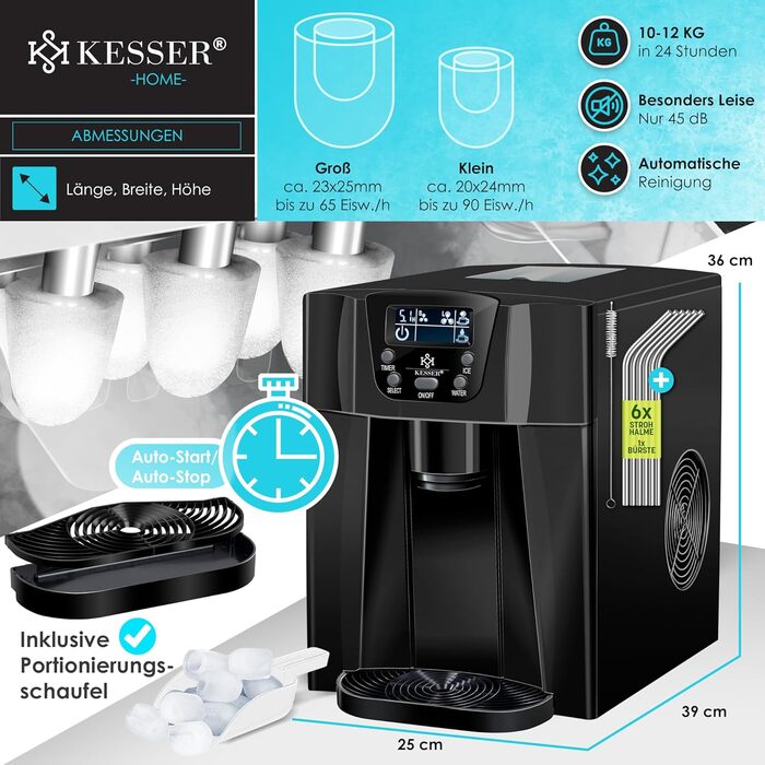 Машина для приготування льоду KESSER® з нержавіючої сталі, 100W, 12 кг/24 год, 2 розміри кубиків, 6 хв приготування, 2 л резервуар, таймер, LCD-дисплей, чорний