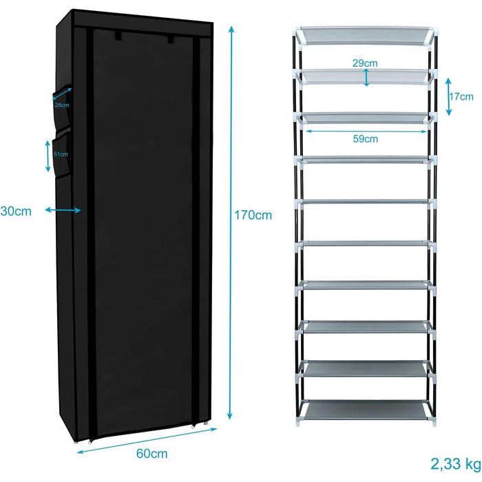 INTIRILIFE Folding Wardrobe 170x58x28 cm in Raven BLACK - with Zipper Fabric Wardrobe, Clothes Rack, Shoe Shelf with 9 Storage Compartments - Camping Storage Box, Textile Wardrobe
