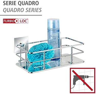 WENKO Turbo-Loc Stainless Steel Wall Shelf Quadro, Mounting Without Drilling, 24 x 10 x 14.5 cm, Chrome