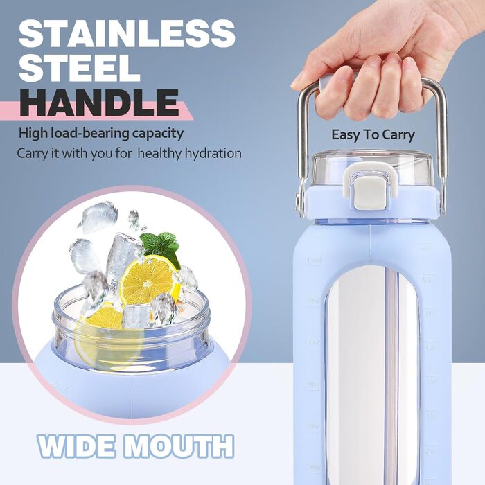 1.9L Glass Water Bottle, Glass Drinking Bottle with Straw and Stainless Steel Handle, Motivational Water Bottle with Silicone Case and Time Marker, Water Pitch (Light Blue2, 1893 ml)