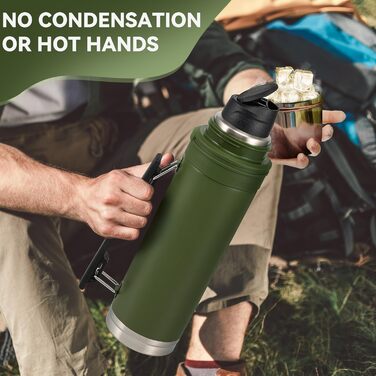 SANTECO 1L Stainless Steel Thermos Flask with Cup - Insulated Leak-Proof Travel Thermos for Hot & Cold Drinks - BPA Free (Green, 1000ml)